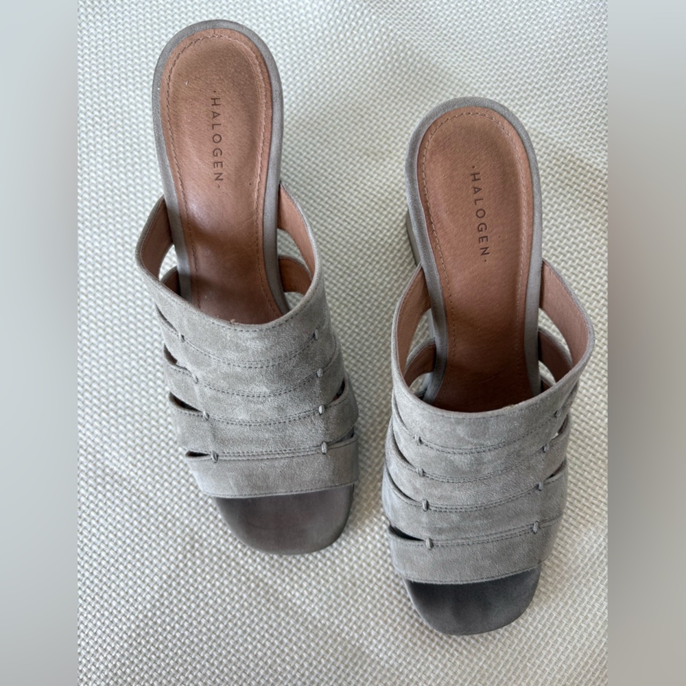 Halogen Size 8 Taupe Grey Suede Leather Slide On Wedge Shoes Heels - Picture 8 of 8
